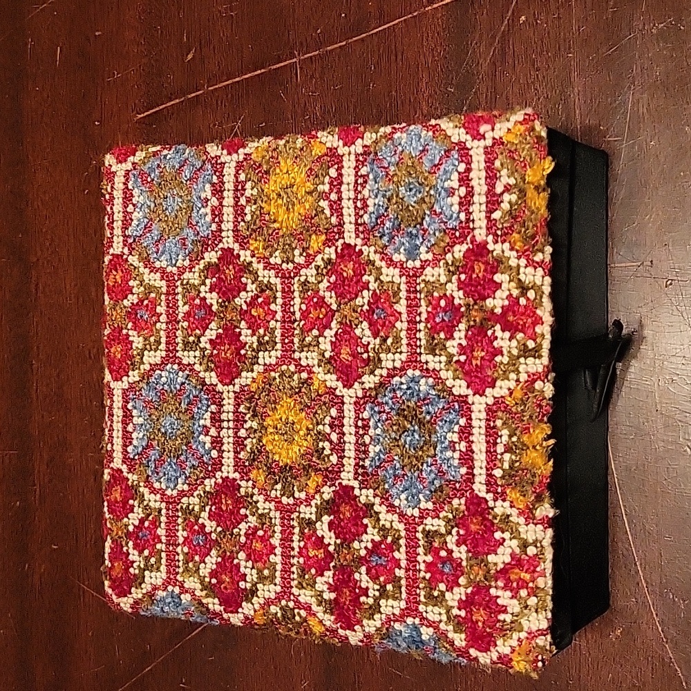 Vintage Tapestry Needlepoint Floral Jewelry Box with Aqua Blue Lining